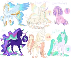 Size: 2200x1800 | Tagged: safe, artist:arexstar, derpibooru import, oc, oc:aurorus, oc:cherry springs, oc:iridescent meadow, oc:jade river, oc:prism dancer, oc:wysteria candy, unofficial characters only, alicorn, pegasus, pony, unicorn, braid, braided tail, female, glimmer wings, half-siblings, magical lesbian spawn, mare, offspring, parent:princess celestia, parent:rainbow dash, parent:rarity, parent:twilight sparkle, parents:applelestia, parents:dashlestia, parents:flutterlestia, parents:pinkielestia, parents:rarilestia, parents:twilestia, prone, wings