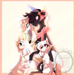 Size: 1619x1600 | Tagged: safe, artist:manella-art, derpibooru import, oc, oc:akatsuki, oc:minami dreams, oc:minato, oc:rainbow dreams, unofficial characters only, original species, pegasus, pony, suisei pony, bellyrubs, chest fluff, closed species, clothes, colored wings, cute, family, family photo, female, filly, hair accessory, hoof on belly, horn, looking at belly, looking at each other, looking down, looking up, male, mare, multicolored hair, multicolored wings, offspring, parent:oc:akatsuki, parent:oc:rainbow dreams, parents:oc x oc, pregnant, rainbow hair, rainbow tail, ribbon, scarf, simple background, sitting, stallion, stars, two toned wings, watermark, wings