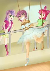 Size: 2480x3508 | Tagged: suggestive, artist:gferriswheel, derpibooru import, apple bloom, scootaloo, sweetie belle, equestria girls, angry, ballerina, ballet slippers, bloomdom, bondage, boots, bound and gagged, breasts, clothes, cutie mark crusaders, female, femdom, femsub, gag, hanging, jacket, scootarina, scootasub, shibari, shirt, shoes, skirt, smiling, submissive, surprised, sweetiedom, tied up, tomboy taming