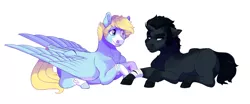 Size: 2400x1000 | Tagged: safe, artist:uunicornicc, derpibooru import, oc, oc:wind shear, unofficial characters only, pegasus, pony, unicorn, male, prone, simple background, stallion, white background