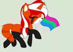 Size: 2154x1532 | Tagged: safe, artist:circuspaparazzi5678, derpibooru import, oc, oc:red velvet, pony, red panda, red panda pony, unicorn, base used, blushing, paws, polysexual, polysexual pride flag, pride, pride flag, pride month, solo, trotting