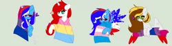 Size: 3004x820 | Tagged: safe, artist:circuspaparazzi5678, derpibooru import, oc, oc:britannia flash, oc:liberty, oc:mabel, oc:windy artistic, earth pony, pegasus, pony, unicorn, base used, bisexual, bisexual pride flag, glasses, pansexual, pansexual pride flag, pride, pride flag, pride month, transgender, transgender pride flag