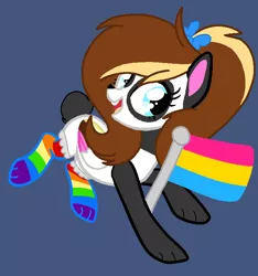 Size: 694x740 | Tagged: safe, artist:circuspaparazzi5678, derpibooru import, oc, oc:pocky panda, bear, panda, panda pony, pegasus, pony, base used, bow, clothes, pansexual, pansexual pride flag, paws, ponytail, pride, pride flag, pride month, rainbow socks, socks, solo, striped socks