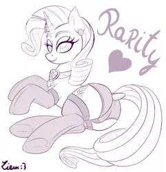 Size: 1400x1450 | Tagged: suggestive, artist:ziemniax, derpibooru import, rarity, pony, unicorn, clothes, cute, dock, fire ruby, floating heart, gem, heart, jewelry, monochrome, necklace, panties, raribetes, ruby, simple background, sketch, socks, solo, stockings, thigh highs, underwear, white background