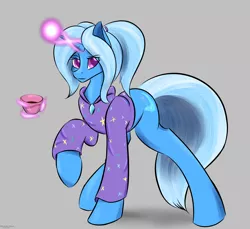 Size: 3610x3305 | Tagged: safe, artist:renarde-louve, derpibooru import, trixie, pony, unicorn, alternate hairstyle, babysitter trixie, clothes, cup, female, gray background, hoodie, looking at you, magic, mare, ponytail, simple background, solo, teacup, telekinesis