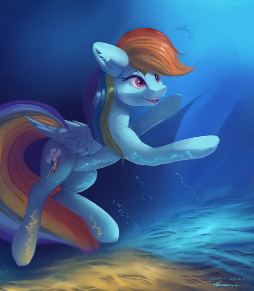 Size: 3491x4000 | Tagged: safe, artist:auroriia, artist:galinn-arts, derpibooru import, rainbow dash, dolphin, pegasus, pony, absurd resolution, bubble, collaboration, crepuscular rays, female, ocean, open mouth, signature, smiling, solo, sunlight, teeth, underwater, water, wings