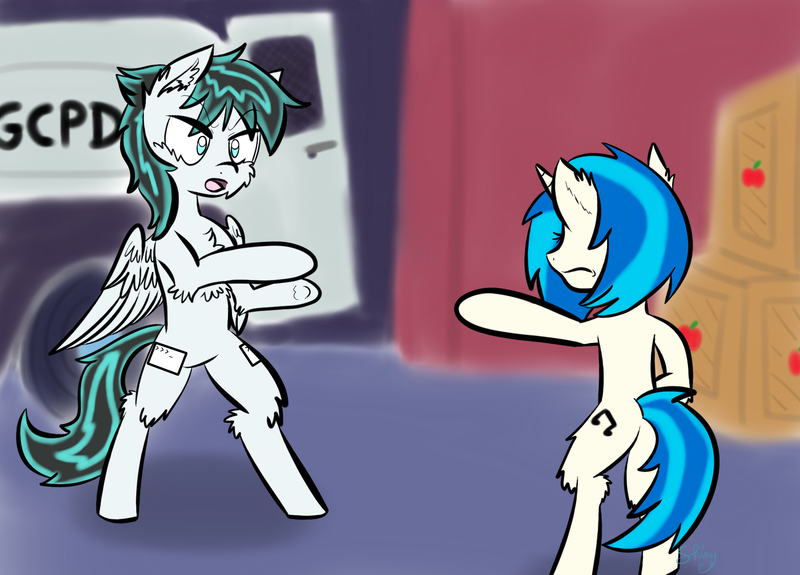 Size: 1920x1380 | Tagged: safe, artist:shinycyan, derpibooru import, vinyl scratch, oc, oc:light jet, pegasus, pony, unicorn, apple, bipedal, box, commission, duo, food, male, meme, spider-man, stallion