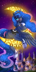 Size: 4464x8841 | Tagged: suggestive, artist:dankflank, derpibooru import, princess luna, alicorn, pony, blushing, butt, canterlot, crescent moon, dock, female, hoof shoes, horn, horseshoes, jewelry, looking at you, looking back, looking back at you, looking over shoulder, mare, moon, moonbutt, night, peytral, plot, smiling, solo, tiara, wings