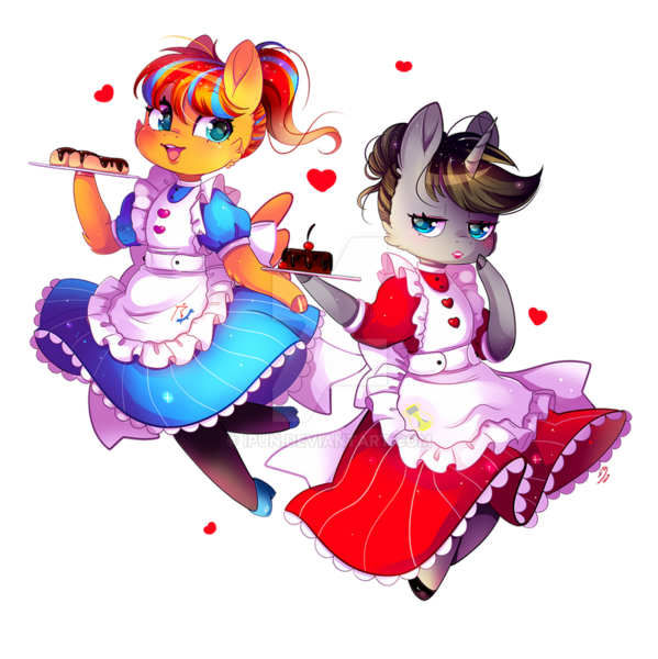 Size: 900x901 | Tagged: safe, artist:ipun, derpibooru import, oc, oc:cold front, oc:disty dusk, unofficial characters only, anthro, pegasus, unicorn, apron, bow, cake, cherry, chibi, clothes, crossdressing, deviantart watermark, dress, eclair, food, friendship cafe, heart, high heels, lipstick, maid, obtrusive watermark, pantyhose, shoes, simple background, smiling, socks, stockings, thigh highs, transparent background, watermark