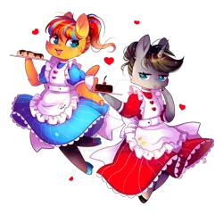 Size: 900x901 | Tagged: safe, artist:ipun, derpibooru import, oc, oc:cold front, oc:disty dusk, unofficial characters only, anthro, pegasus, unicorn, apron, bow, cake, cherry, chibi, clothes, crossdressing, deviantart watermark, dress, eclair, food, friendship cafe, heart, high heels, lipstick, maid, obtrusive watermark, pantyhose, shoes, simple background, smiling, socks, stockings, thigh highs, transparent background, watermark