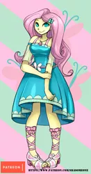 Size: 629x1200 | Tagged: safe, alternate version, artist:srasomeone, derpibooru import, fluttershy, equestria girls, equestria girls series, beautiful, clothes, dress, female, geode of fauna, magical geodes, pretty, smiling, solo