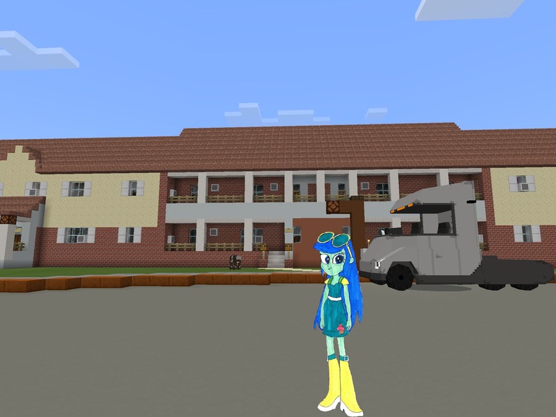 Size: 2048x1536 | Tagged: safe, artist:topsangtheman, derpibooru import, blueberry cake, equestria girls, house, looking at you, minecraft, photoshopped into minecraft, solo, truck