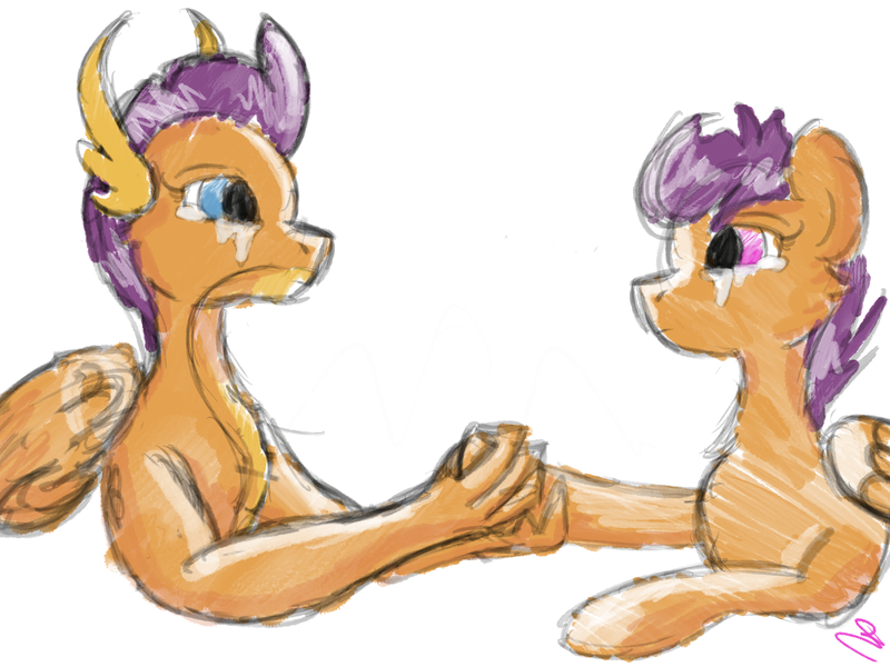 Size: 2224x1668 | Tagged: artist:mry, crying, derpibooru import, holding hoof, looking at each other, safe, scootaloo, smolder