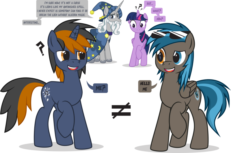 Size: 2000x1327 | Tagged: safe, artist:le-23, derpibooru import, star swirl, star swirl the bearded, twilight sparkle, twilight sparkle (alicorn), oc, oc:going lucky, alicorn, pegasus, unicorn, cracked horn, horn, pegasus oc, simple background, speech bubble, transparent background, unicorn oc, wings