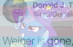 Size: 1535x994 | Tagged: suggestive, derpibooru import, edit, edited screencap, screencap, trixie, pony, unicorn, donald trump, hat, headcanon, meme, meta, politics, smiling, trans girl, trans pride flag, trans trixie, transgender, twitter, zionist