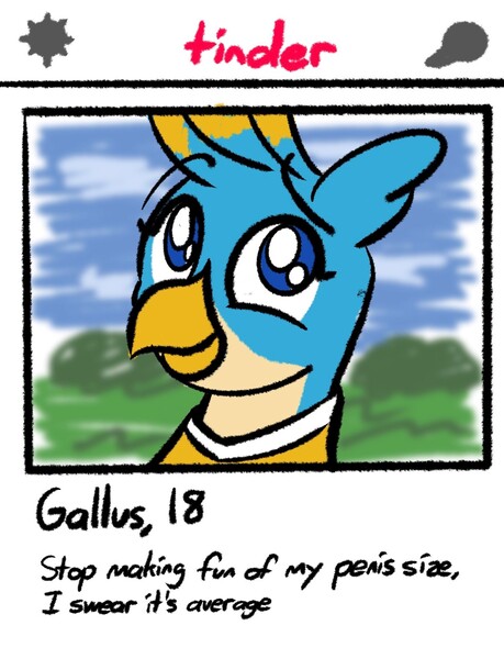 Size: 1228x1605 | Tagged: safe, artist:ashtoneer, derpibooru import, gallus, gryphon, /mlp/ con, gallabuse, gallus has a tiny dick, gallus the bantam cawk, image, jpeg, nudity, penis, sketches from a hat, small penis, solo, text, tinder