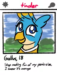 Size: 1228x1605 | Tagged: safe, artist:ashtoneer, derpibooru import, gallus, gryphon, /mlp/ con, gallabuse, gallus has a tiny dick, gallus the bantam cawk, image, jpeg, nudity, penis, sketches from a hat, small penis, solo, text, tinder