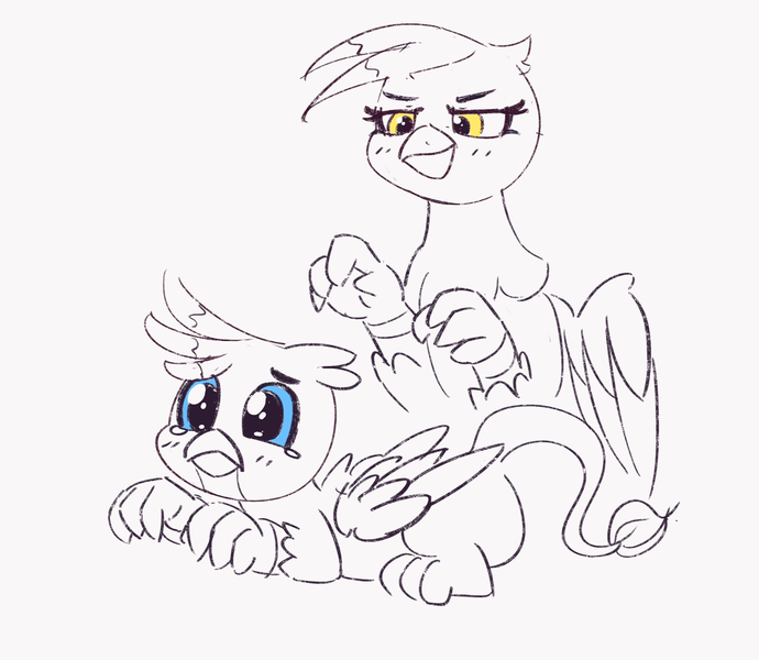 Size: 2026x1761 | Tagged: safe, artist:pabbley, derpibooru import, gallus, gilda, gryphon, /mlp/ con, duo, gallabuse, imminent something, monochrome, sketches from a hat, teary eyes