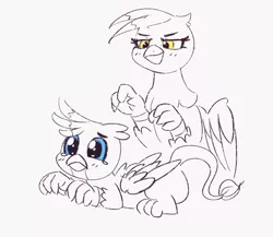 Size: 2026x1761 | Tagged: safe, artist:pabbley, derpibooru import, gallus, gilda, gryphon, /mlp/ con, duo, gallabuse, imminent something, monochrome, sketches from a hat, teary eyes