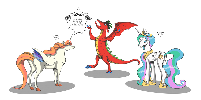 Size: 4176x2073 | Tagged: alicorn, american dragon jake long, artist:perfectblue97, derpibooru import, descriptive noise, dragon, horse, horse noises, jake long, parody, princess celestia, princess celestia is not amused, safe, she-ra and the princesses of power, simple background, swift wind, swift wind is not amused, white background