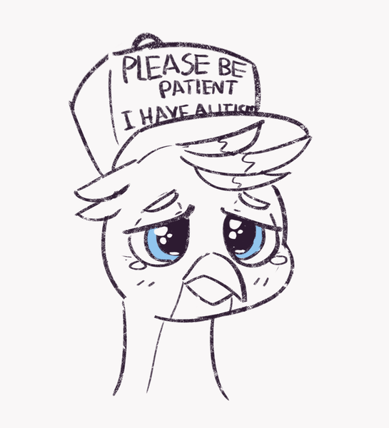 Size: 1186x1306 | Tagged: safe, artist:pabbley, derpibooru import, gallus, gryphon, /mlp/ con, autism, autism gallus, crying, gallabuse, hat, monochrome, please be patient i have autism, sketches from a hat, solo, teary eyes