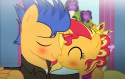 Size: 1024x646 | Tagged: safe, artist:sunsetsentry, derpibooru import, flash sentry, sunset shimmer, alicorn, pegasus, alicornified, alternate hairstyle, blushing, female, flashimmer, male, marriage, race swap, shimmercorn, shipping, smiling, straight, wedding