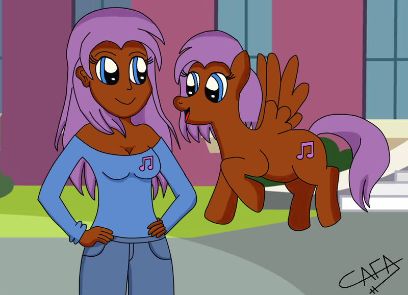 Size: 1169x846 | Tagged: safe, artist:cafakero, derpibooru import, oc, oc:shaily melodi, unofficial characters only, pegasus, pony, equestria girls, flying, hands on hip, human ponidox, looking at each other, self ponidox, smiling, spread wings, wings