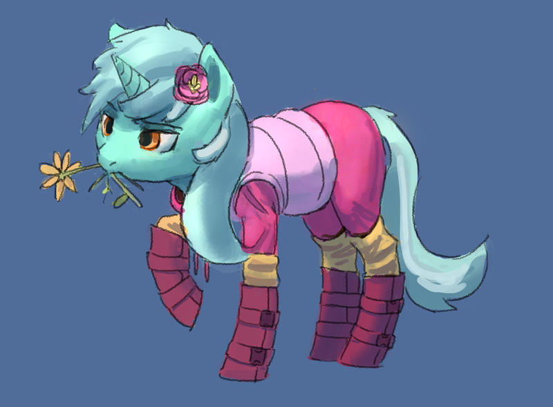 Size: 1424x1048 | Tagged: safe, artist:rhorse, deleted from derpibooru, derpibooru import, lyra heartstrings, pony, unicorn, clothes, cute, equestria girls outfit, female, flower, flower in mouth, grazing, mare, mouth hold, pretty mare, simple background, winter outfit