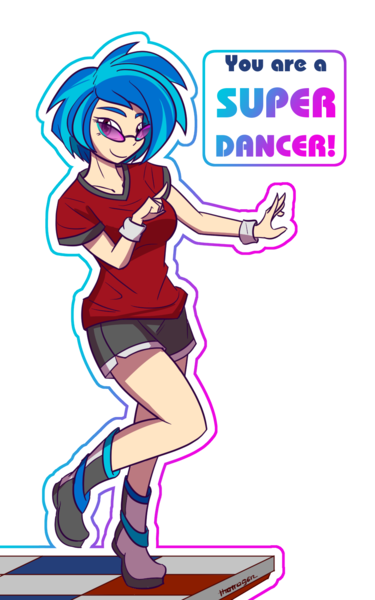 Size: 1000x1600 | Tagged: 2020, 2020s, artist:thattagen, blue hair, boots, clothes, dance dance revolution, dancing, derpibooru import, female, glasses, gym shorts, happy, human, humanized, safe, shirt, shoes, short hair, shorts, simple background, smiling, smiling at you, solo, sunglasses, text, tomboy, transparent background, t-shirt, vinyl scratch, wristband