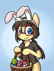 Size: 3055x4000 | Tagged: safe, artist:spheedc, derpibooru import, oc, oc:sphee, earth pony, semi-anthro, basket, bunny ears, clothes, commission, cute, digital art, easter, easter egg, female, filly, glasses, gradient background, holiday, mare, shirt, solo, ych example, your character here