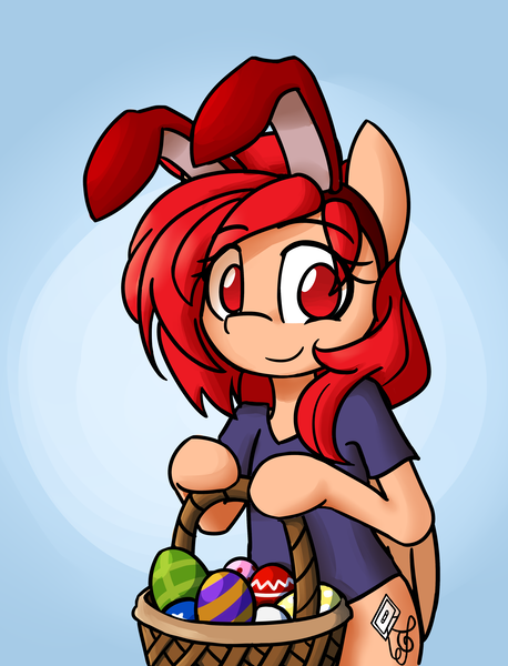 Size: 3055x4000 | Tagged: artist:spheedc, basket, bunny ears, clothes, commission, cute, derpibooru import, digital art, easter, easter egg, gradient background, holiday, oc, oc:ginger ferrochrome, pegasus, safe, semi-anthro, shirt, solo, ych result, your character here