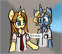 Size: 933x811 | Tagged: safe, artist:spheedc, derpibooru import, oc, oc:honey desire, unofficial characters only, semi-anthro, unicorn, blurred background, blushing, clothes, digital art, female, male, mare, school uniform, speech bubble, stallion, student