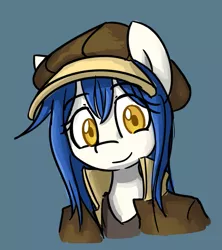 Size: 937x1053 | Tagged: safe, artist:spheedc, derpibooru import, oc, oc:light chaser, earth pony, semi-anthro, blue hair, clothes, digital art, female, hat, mare, simple background, smiling, smiling at you, solo, yellow eyes