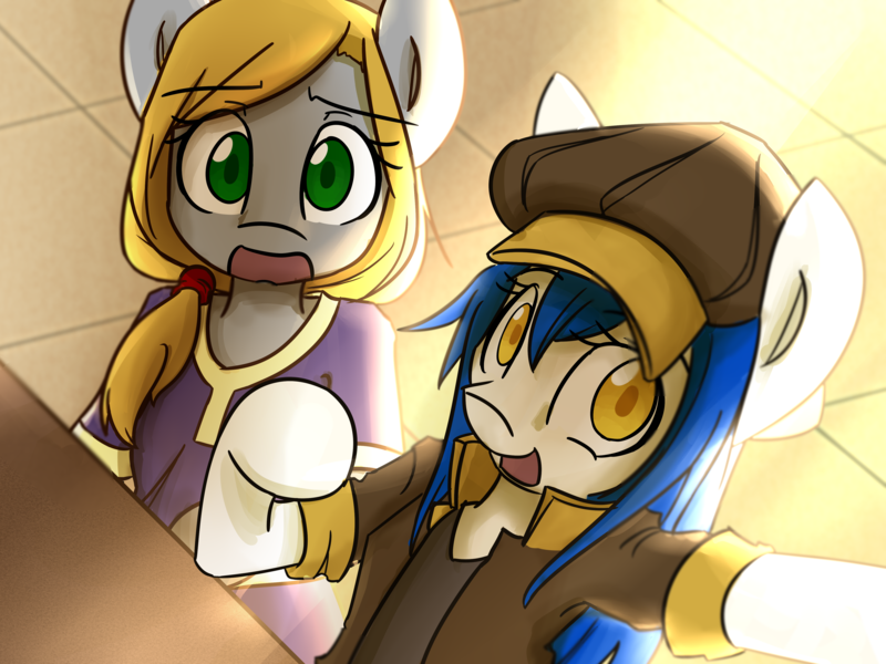 Size: 4315x3236 | Tagged: safe, artist:spheedc, derpibooru import, oc, oc:light chaser, oc:scarlet sky, earth pony, pegasus, clothes, digital art, female, hat, looking at you, mare, selfie, sitting, table