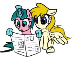 Size: 747x659 | Tagged: safe, artist:neuro, derpibooru import, oc, oc:artemis sparkshower, oc:lily glamerspear, unofficial characters only, pegasus, pony, unicorn, /mlp/, 4chan, everyday life with guardsmares, female, magic, mare, newspaper, royal guard, simple background, telekinesis, transparent background