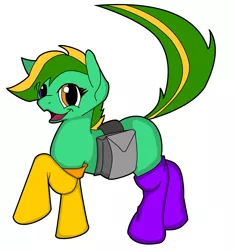 Size: 1932x2067 | Tagged: safe, derpibooru import, oc, oc:fizz, ponified, earth pony, object pony, original species, phone pony, pony, artificial intelligence, bag, clothes, cyoa, earth pony oc, heterochromia, open mouth, phone, phonepones, raised hoof, saddle bag, simple background, smiling, socks, white background