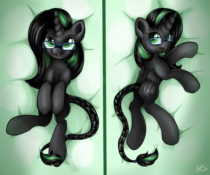 Size: 1280x1064 | Tagged: suggestive, artist:appleneedle, derpibooru import, oc, oc:renarde-louve, alicorn, pony, art, bed, blanket, body pillow, character, digital, draw, drawing, fanart, green, paint, painting