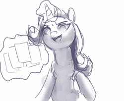 Size: 1056x862 | Tagged: safe, artist:rhorse, deleted from derpibooru, derpibooru import, fifteen.ai, rarity, aivo, animated, avo, monochrome, reversed gender roles equestria, solo, sound, webm, yugioh card