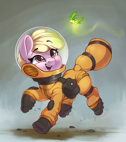 Size: 1191x1346 | Tagged: safe, artist:rexyseven, derpibooru import, oc, oc:puppysmiles, unofficial characters only, firefly (insect), insect, pony, fallout equestria, fallout equestria: pink eyes, cute, fanfic art, female, filly, hazmat suit, ocbetes, open mouth, radiation suit, solo