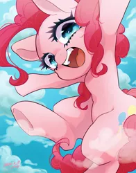 Size: 1609x2048 | Tagged: safe, artist:bbtasu, derpibooru import, pinkie pie, earth pony, pony, cloud, cute, diapinkes, female, looking at you, mare, open mouth, sky, solo