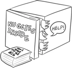 Size: 833x785 | Tagged: safe, artist:mkogwheel, derpibooru import, gallus, gryphon, /mlp/ con, book, gallabuse, implied small penis, monochrome, refrigerator, sketches from a hat, solo, speech bubble, trapped