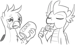 Size: 820x498 | Tagged: safe, artist:mkogwheel, derpibooru import, gallus, smolder, dragon, gryphon, /mlp/ con, cookie, cookie jar, crumbs, crying, eating, eyes closed, food, gallabuse, monochrome, pure unfiltered evil, sketches from a hat