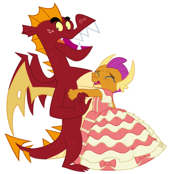 Size: 801x818 | Tagged: artist:queencold, brother and sister, clothes, crying, cute, derpibooru import, dragon, dragoness, dress, duo, female, garble, gown, hug, male, safe, siblings, simple background, smolder, smolderbetes, teenaged dragon, transparent background