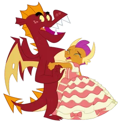 Size: 801x818 | Tagged: artist:queencold, brother and sister, clothes, crying, cute, derpibooru import, dragon, dragoness, dress, duo, female, garble, gown, hug, male, safe, siblings, simple background, smolder, smolderbetes, teenaged dragon, transparent background