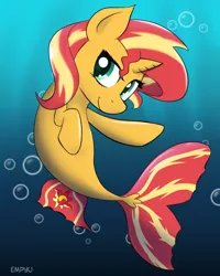 Size: 800x1000 | Tagged: 30 minute art challenge, artist:empyu, bubble, cute, derpibooru import, female, safe, seaponified, seapony (g4), seapony sunset, shimmerbetes, smiling, solo, species swap, sunset shimmer, underwater