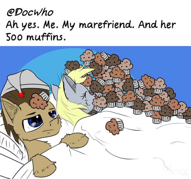 Size: 1500x1407 | Tagged: safe, artist:chopsticks, derpibooru import, derpy hooves, doctor whooves, time turner, earth pony, pegasus, pony, ah yes me my girlfriend and her x, bed, cheek fluff, doctorderpy, ear fluff, eyes closed, female, food, funny, hat, hoof fluff, husband and wife, male, meme, muffin, nightcap, shipping, sleeping, straight, text, that pony sure does love muffins, this will end in weight gain