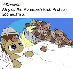 Size: 1500x1407 | Tagged: safe, artist:chopsticks, derpibooru import, derpy hooves, doctor whooves, time turner, earth pony, pegasus, pony, ah yes me my girlfriend and her x, bed, cheek fluff, doctorderpy, ear fluff, eyes closed, female, food, funny, hat, hoof fluff, husband and wife, male, meme, muffin, nightcap, shipping, sleeping, straight, text, that pony sure does love muffins, this will end in weight gain