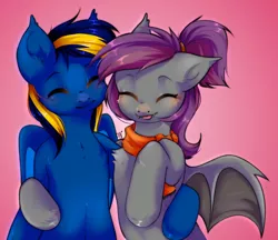 Size: 1942x1678 | Tagged: safe, artist:pledus, derpibooru import, oc, oc:anneal, oc:solaris, bat pony, :p, bat pony oc, bat wings, brother and sister, clothes, fangs, female, hug, male, ponytail, scarf, siblings, tongue out, winghug, wings