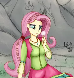 Size: 1280x1342 | Tagged: safe, artist:astevenamedwolf, derpibooru import, fluttershy, bird, deer, equestria girls, braid, dandelion, female, flower, folk fluttershy, holding, jewelry, looking at something, necklace, sketched background, smiling, solo