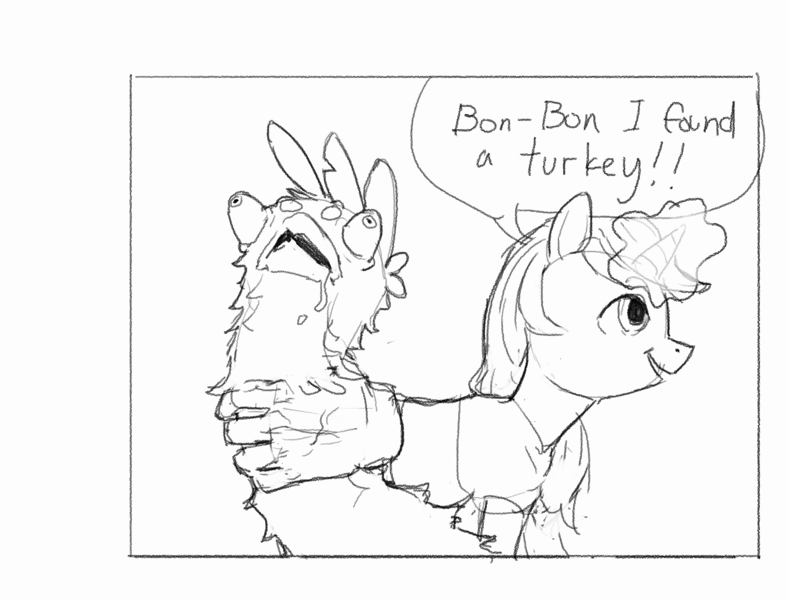 Size: 4209x3205 | Tagged: safe, artist:rhorse, deleted from derpibooru, derpibooru import, gallus, lyra heartstrings, gryphon, pony, unicorn, /mlp/ con, gallabuse, gallus the rooster, hand, implied bon bon, l.u.l.s., long neck, magic, magic hands, monochrome